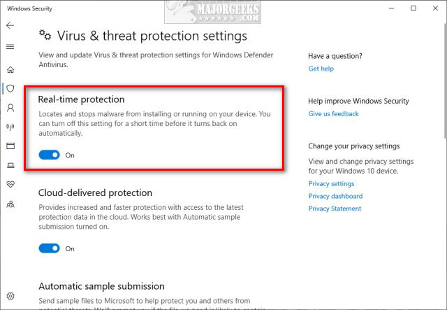 Real-time protection toggle in Windows Security settings