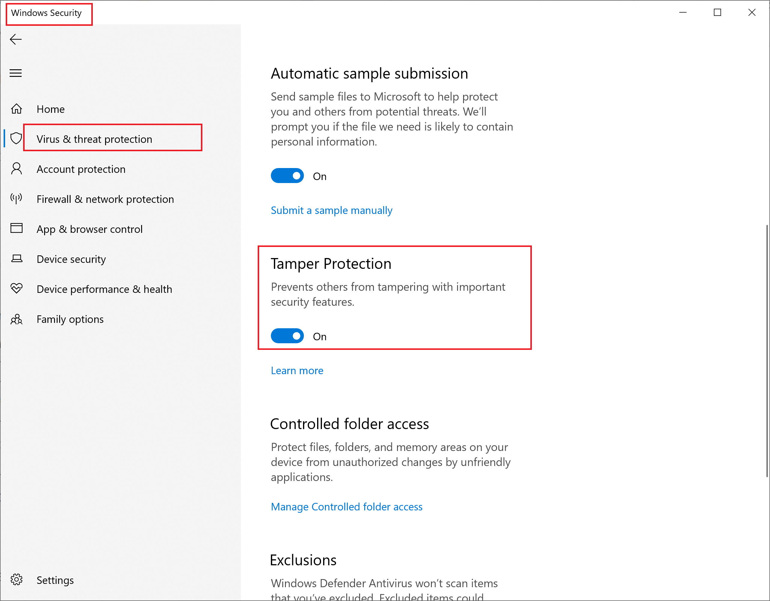 Tamper Protection toggle in Windows Security settings