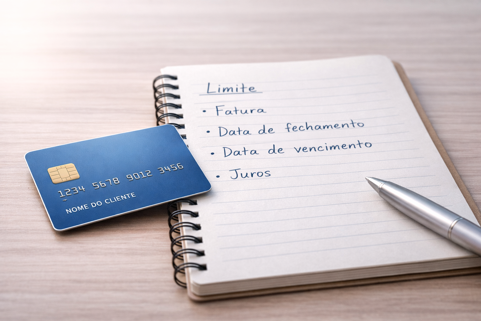 Cartão de crédito com anotações de conceitos básicos: limite, fatura, data de fechamento, data de vencimento, juros