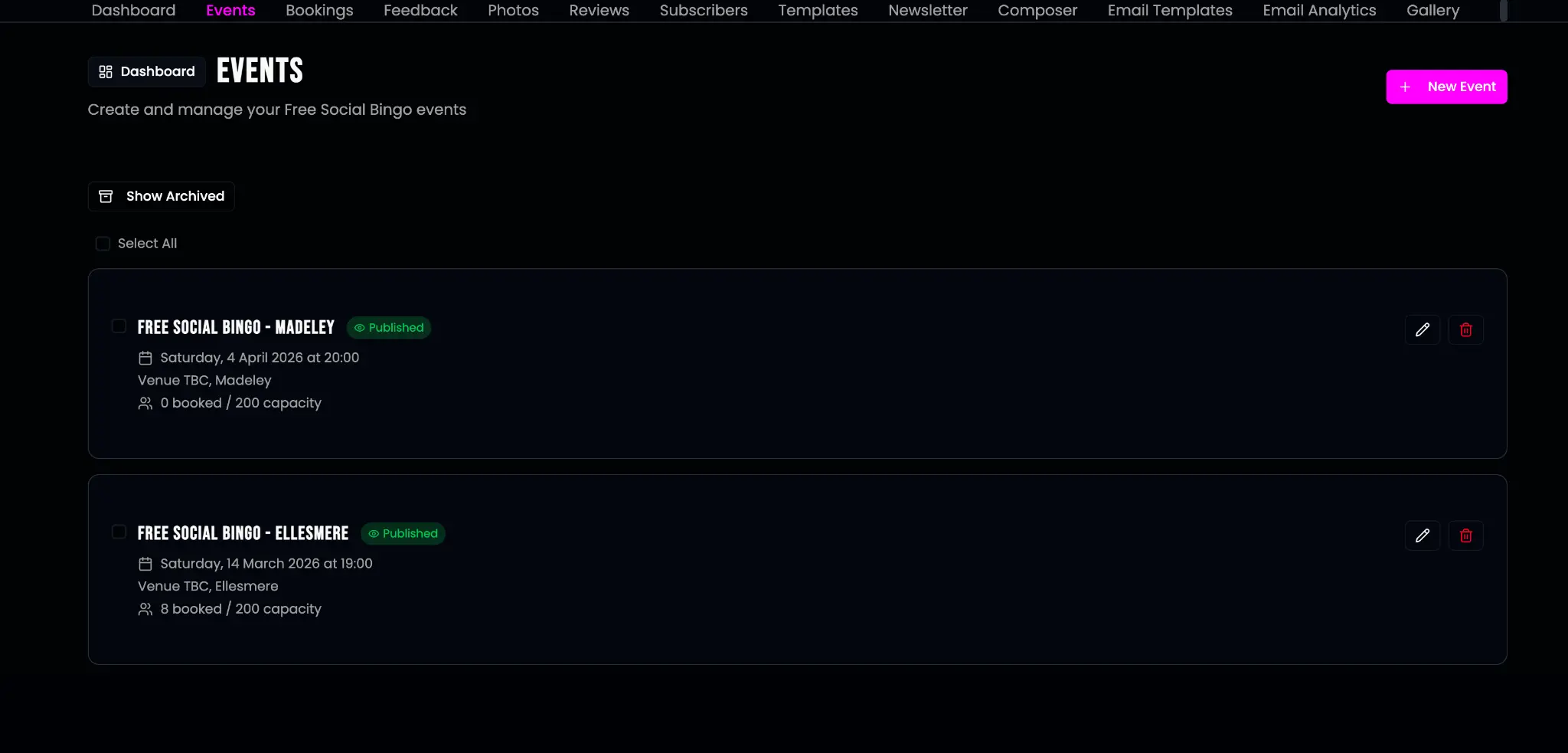 Events Manager with Navigation