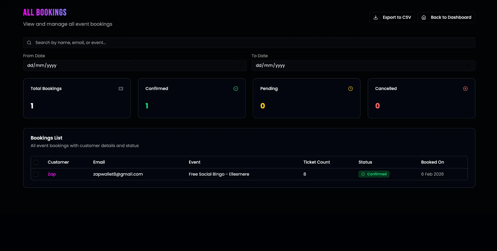 All Bookings with Date Filters