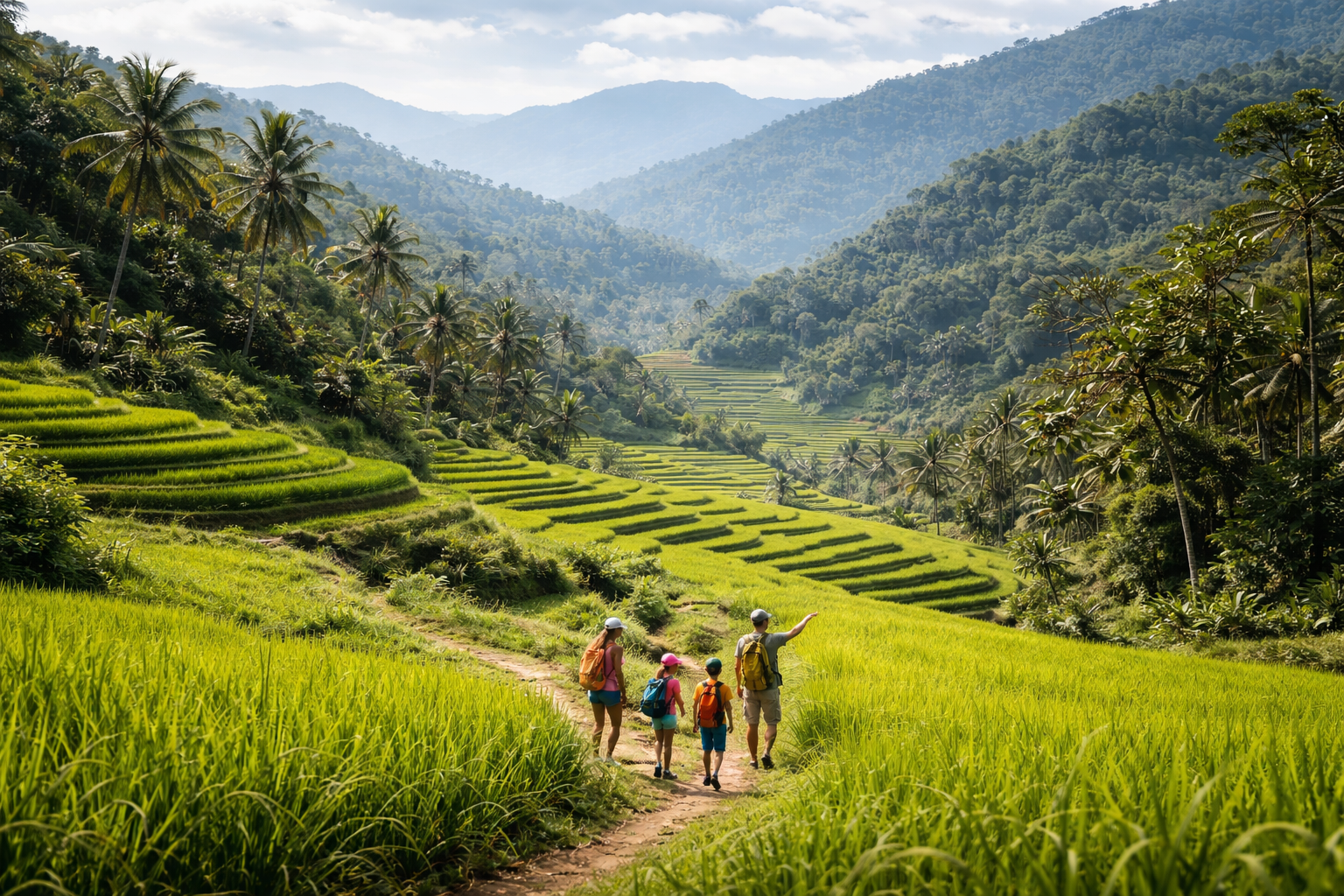 Family hiking through rice terraces