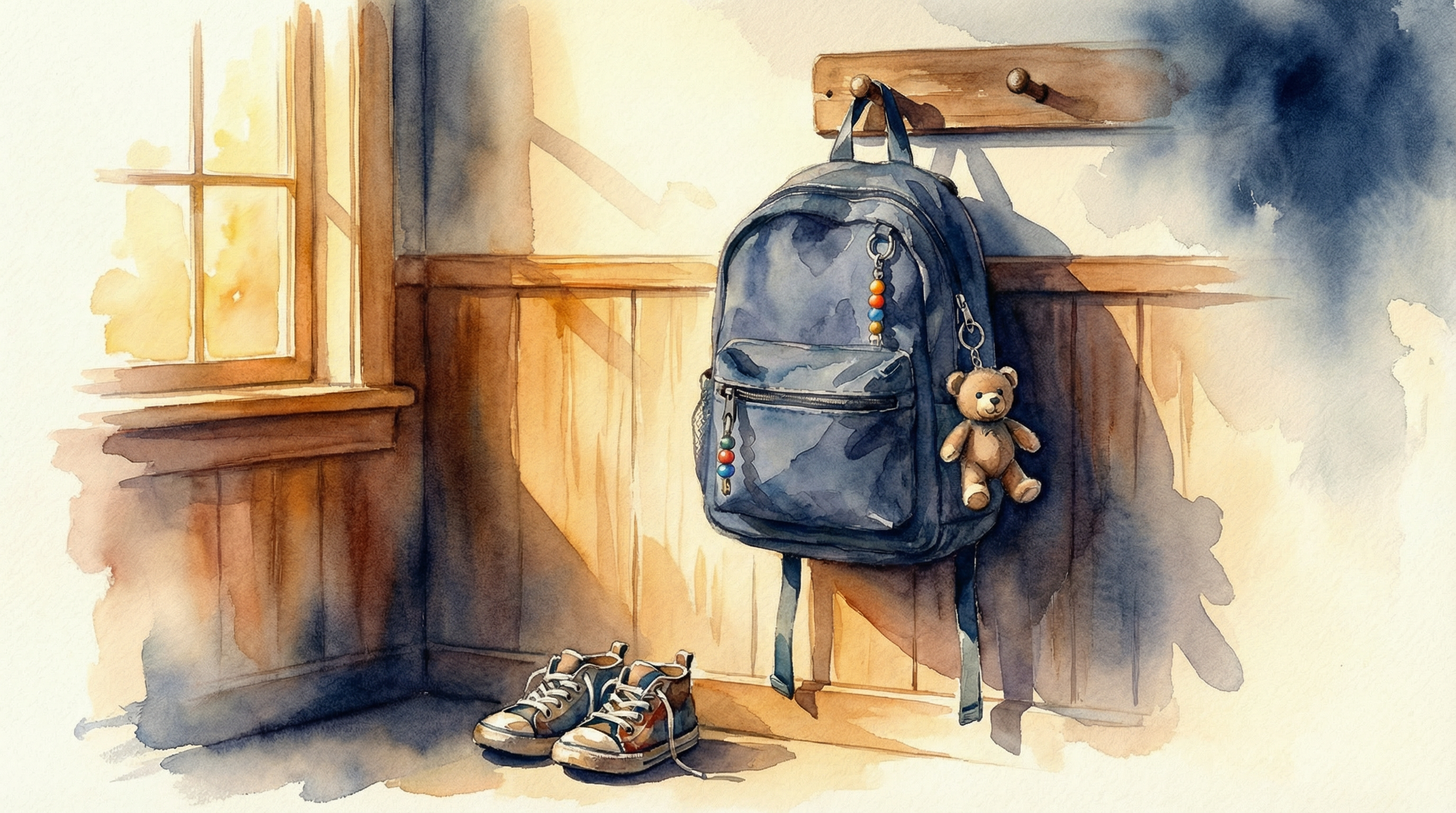 A child's backpack hanging on a hook — one day it will be empty